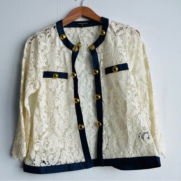 🆕 Michael Simon crocheted button jacket with denim trim NWT cardigan size med - Picture 3 of 15